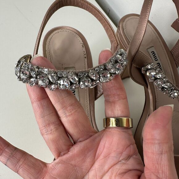 Miu Miu Nude Calzature Donna Satin Crystal Ankle Strap Platform Block Heels 10.5 - Picture 7 of 16